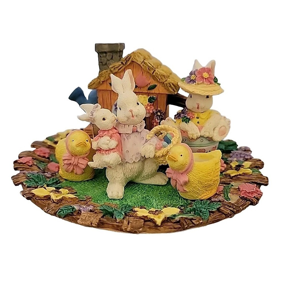 Easter Bunny Village 5pc Resin‎ Figurine Set Garden Base Chicks Rabbit Cottage